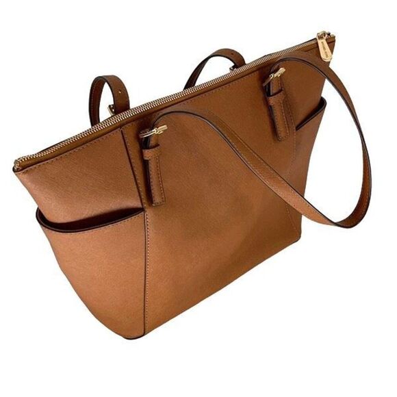 Michael Kors Womens Jet Set Zip Saffiano Leather Tote Shoulder Bag Brown Medium - Picture 4 of 12